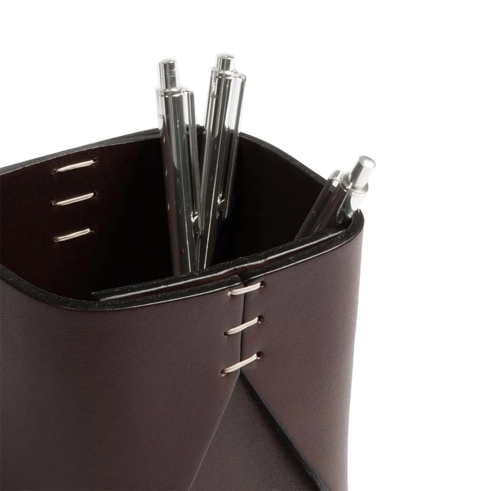 Pen Holder Stitch, leather, square, dark brown