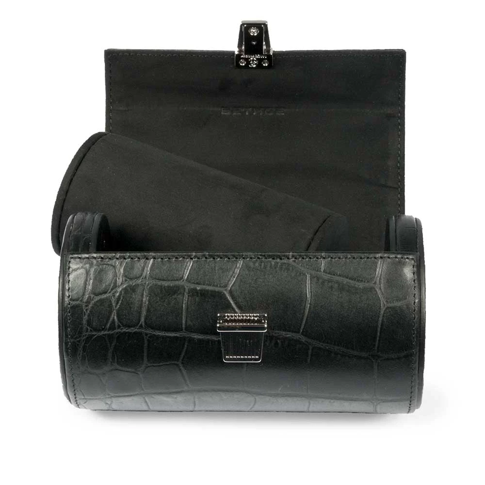 leder_uhrenrolle_fuer_2_uhren_alligator-optik_1 Watch Roll Case, 2 Watches, alligator-emb. leather, d-brown