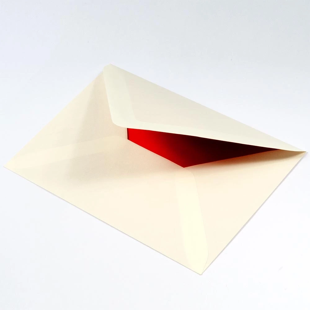 25 Diplomat envelopes, Smooth Ivory, red silk lining