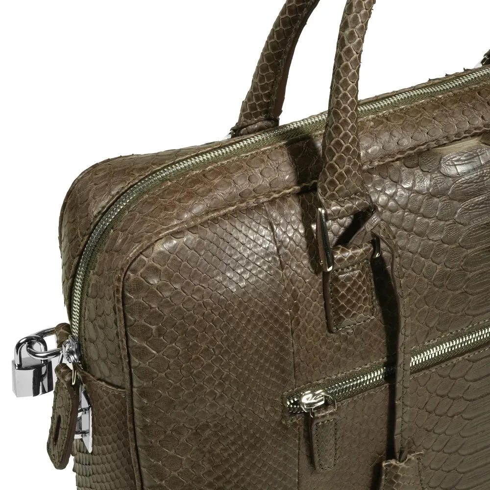 Briefcase, python leather, olive green