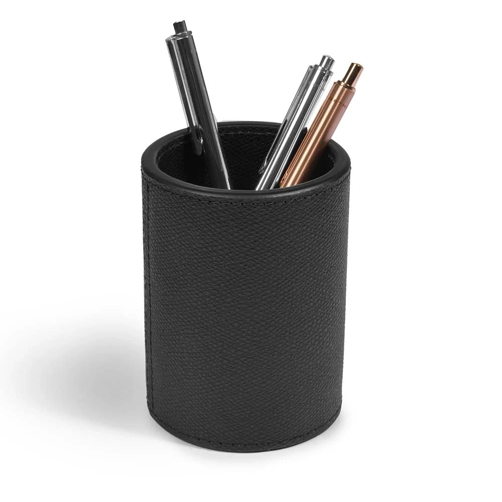Round pen holder, leather, H 10 cm, D 7.5 cm, black
