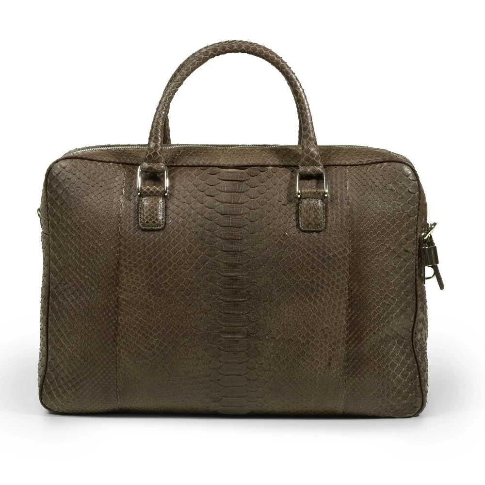Briefcase, python leather, olive green