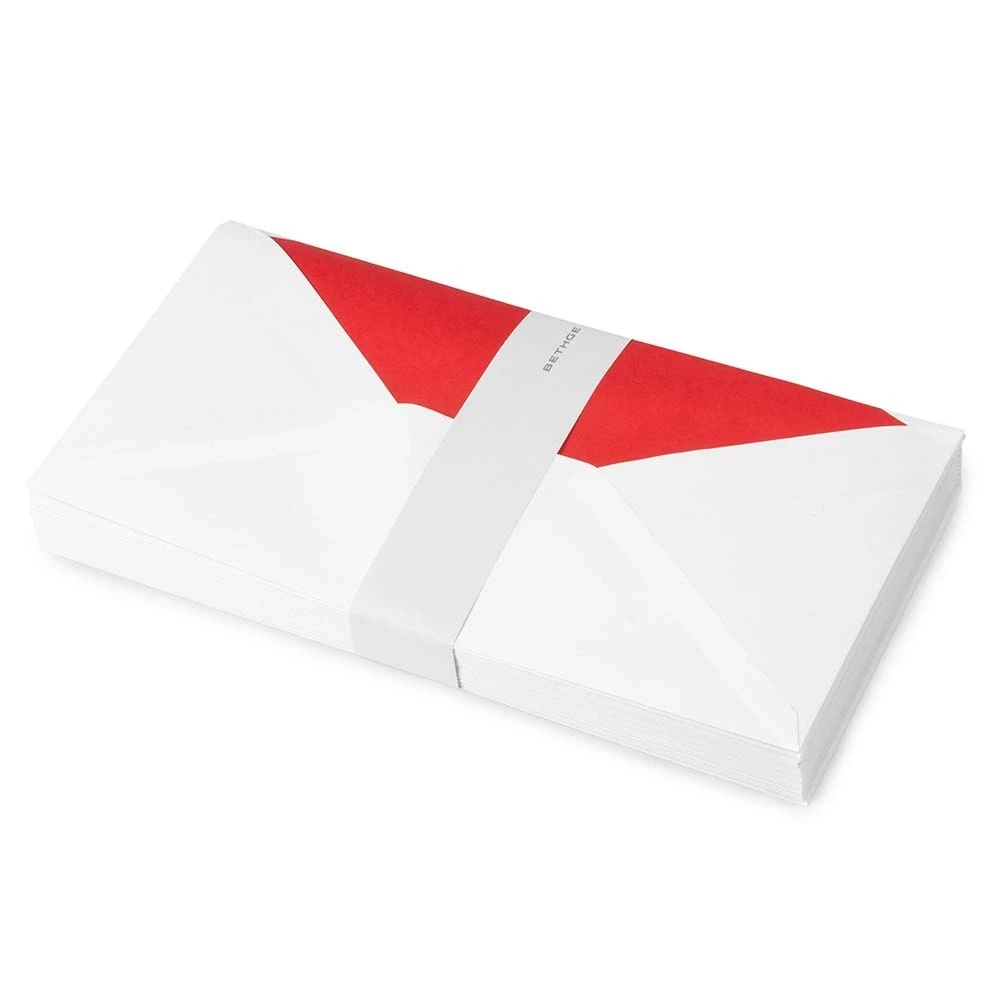 25 long DIN envelopes, Smooth White, red silk lining