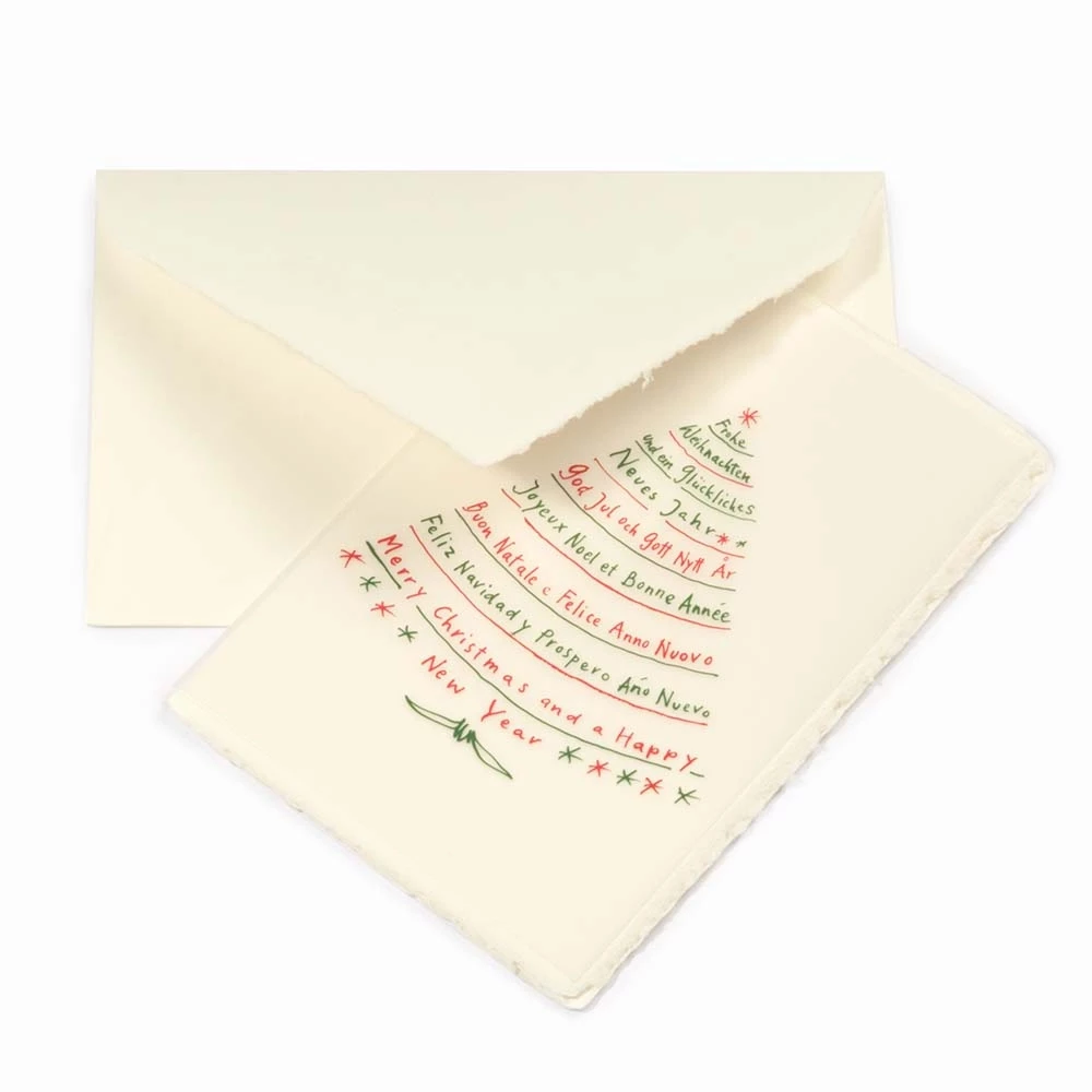 Christmas card tree with writing green/gold laid paper