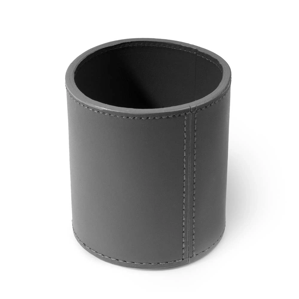 Round pen holder, leather, H 11 cm, D 8.5 cm, dark grey