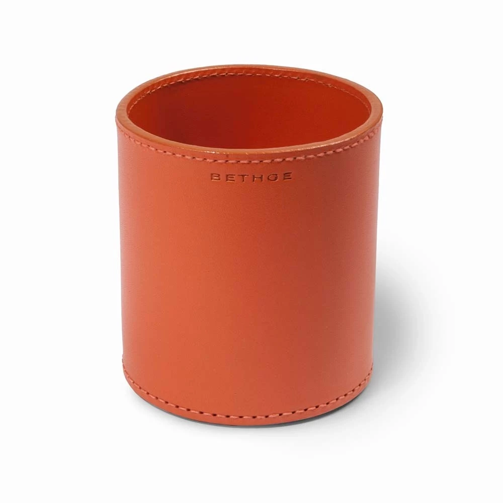 Round pen holder, leather, H 11 cm, D 8.5 cm, orange