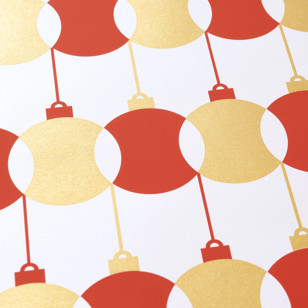 Wrapping paper Newton's baubles red/gold/sil. 50x70 cm, 3 pc
