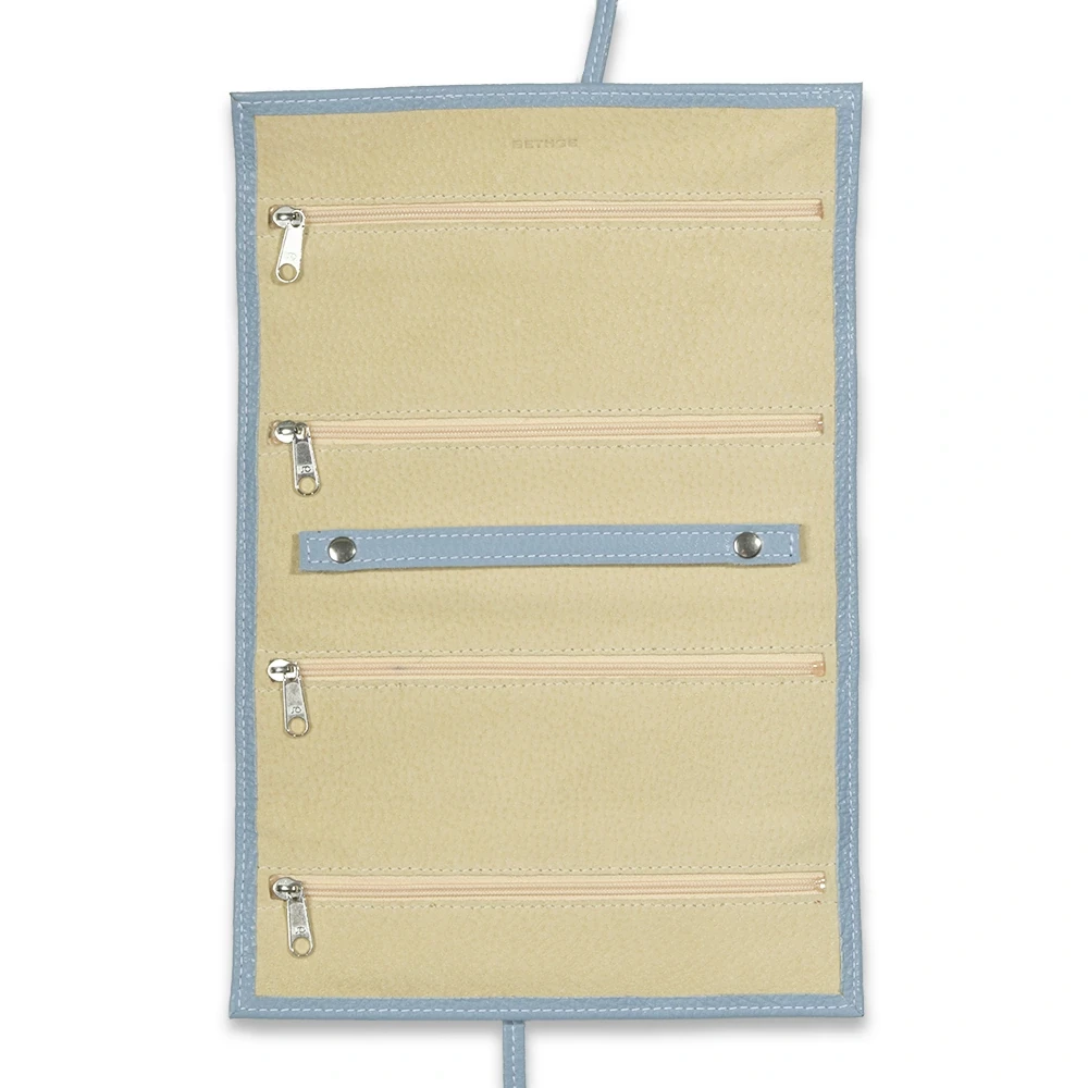 Jewellery Roll with Tie Closure, calf leather, light blue