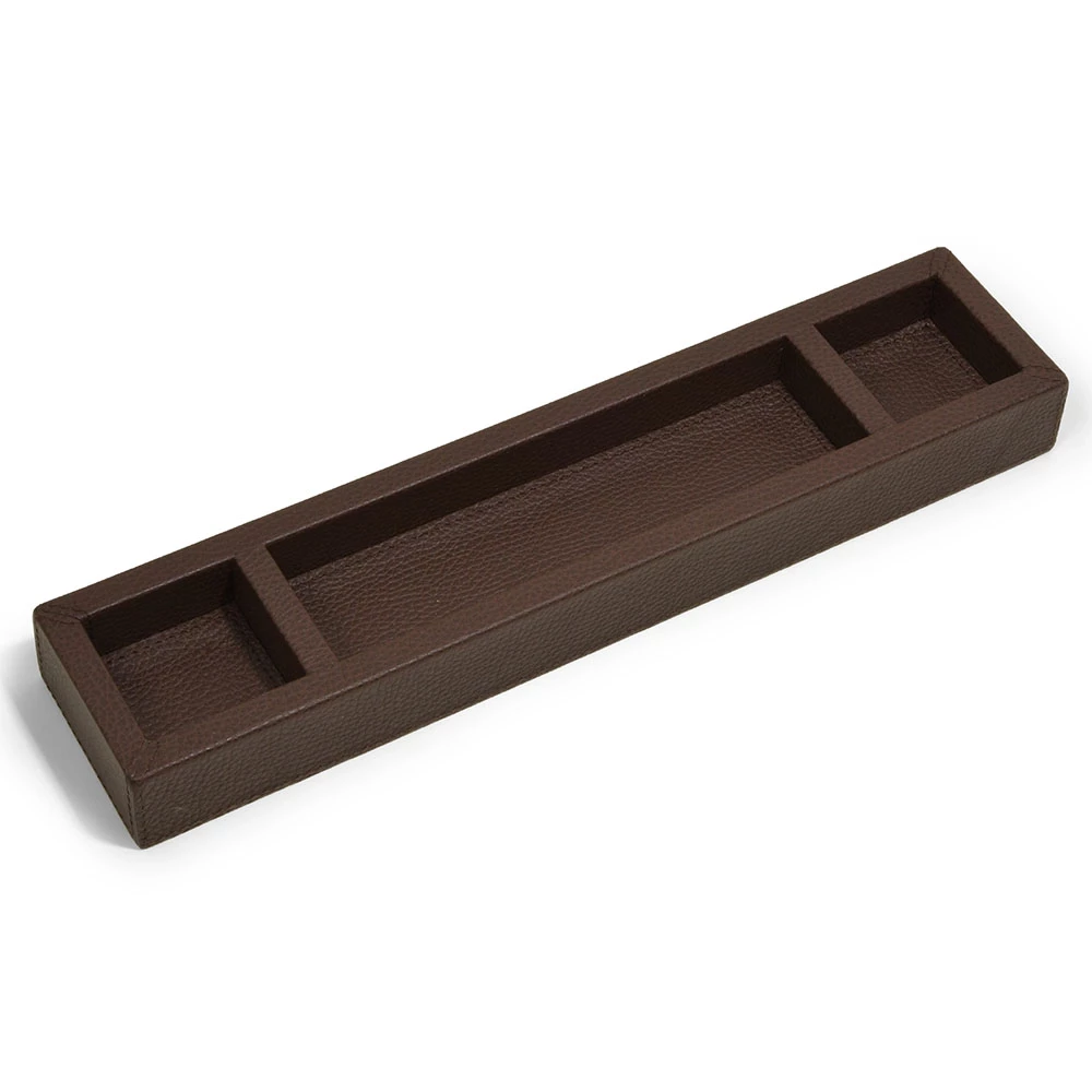 Pen Tray with 3 Compartments,  buckskin faux leather, mocca