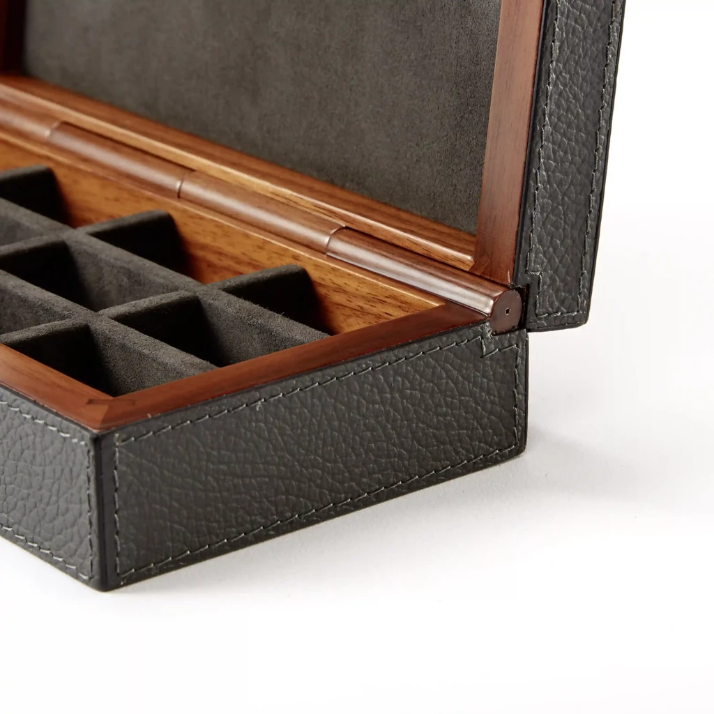 Cufflinks Box, walnut/leather, dark green