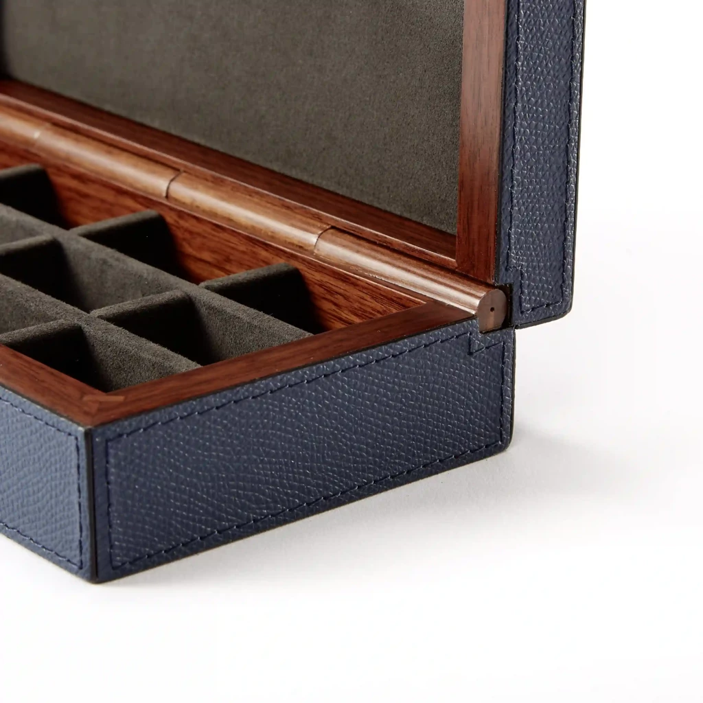Cufflinks Box, walnut/leather, royal blue