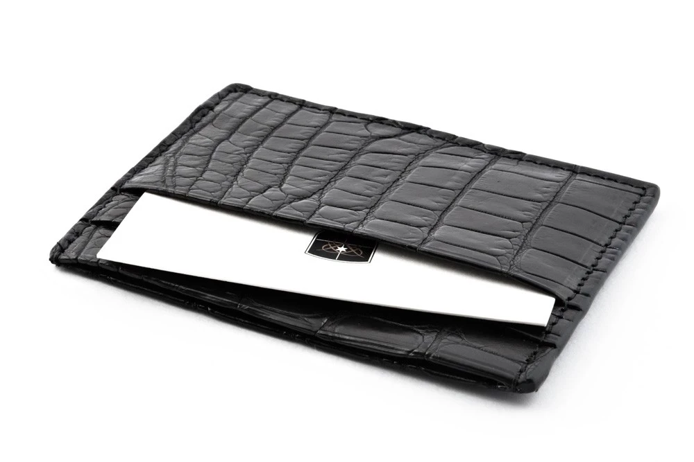 Card Wallet, 4 cc, alligator leather, flat, black