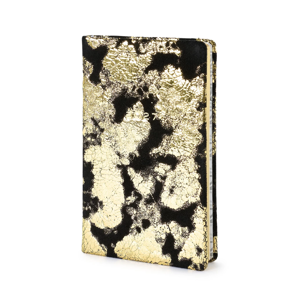 Weekly Planner 8-Days-a-Week 2027 - Week on 2 Pages - Leather - Black Gold - 8.5 x 14 cm