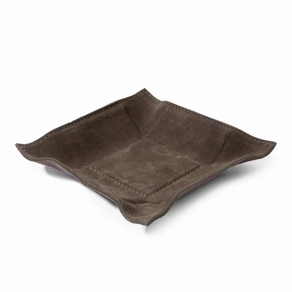 Valet tray square, suede leather, 15 x 15 cm, lava