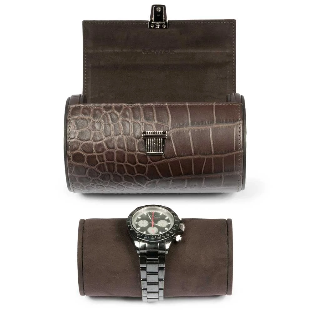 Watch Roll Case, 2 Watches, alligator-emb. leather, d-brown