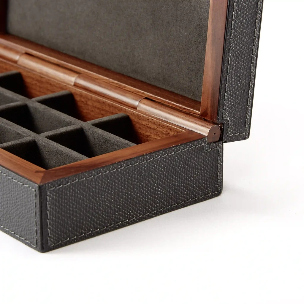 Cufflinks Box, walnut/leather, dark grey