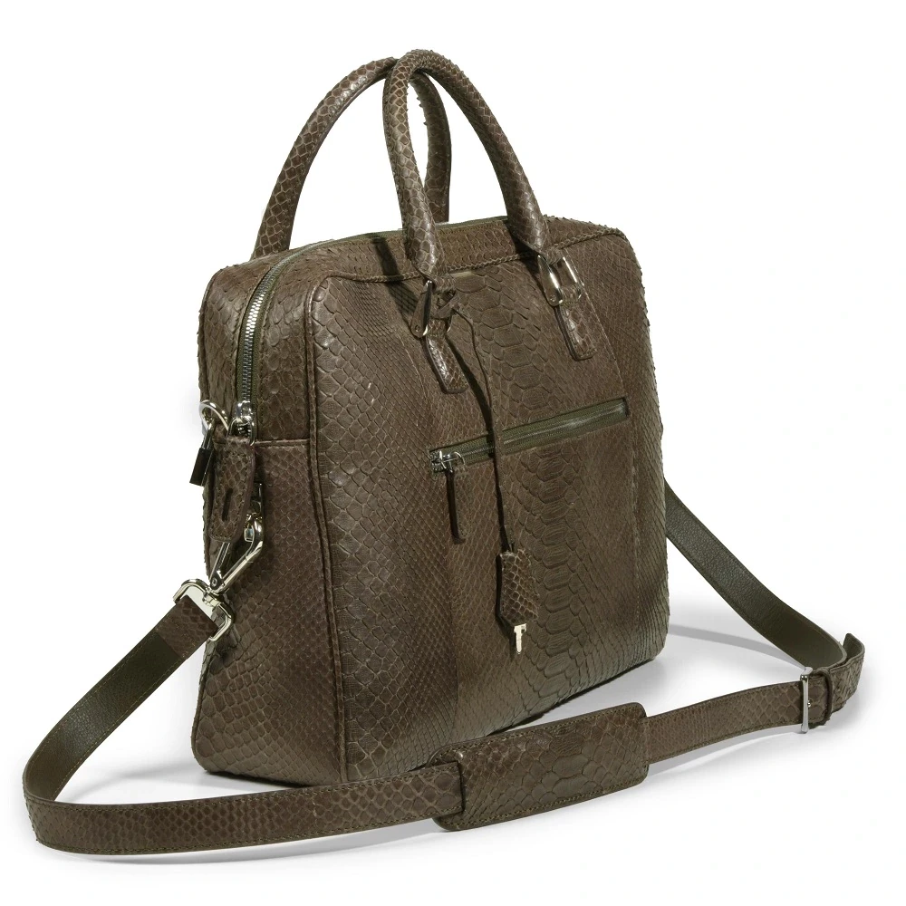 Briefcase, python leather, olive green