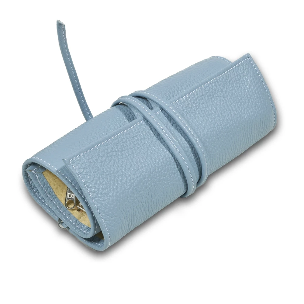 Jewellery Roll with Tie Closure, calf leather, light blue