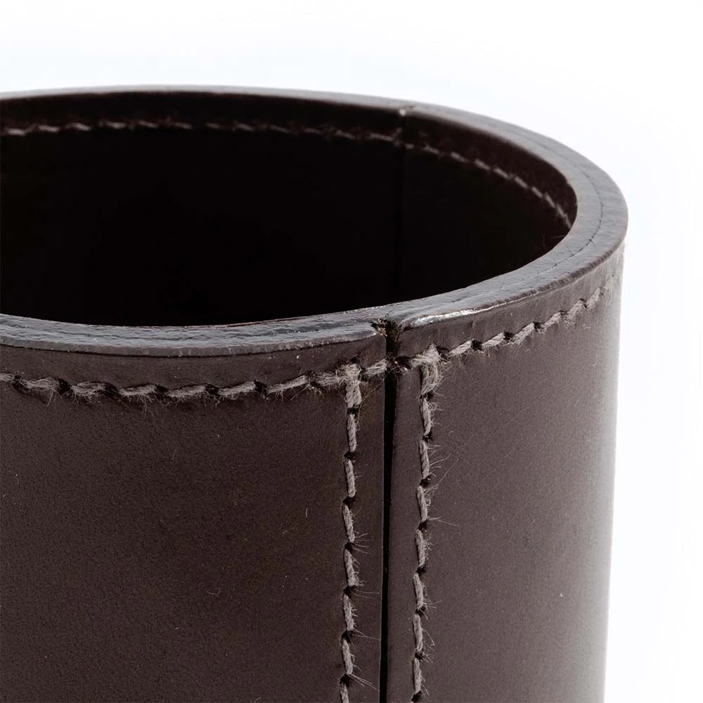 Round pen holder, leather, H 11 cm, D 8.5 cm, dark brown