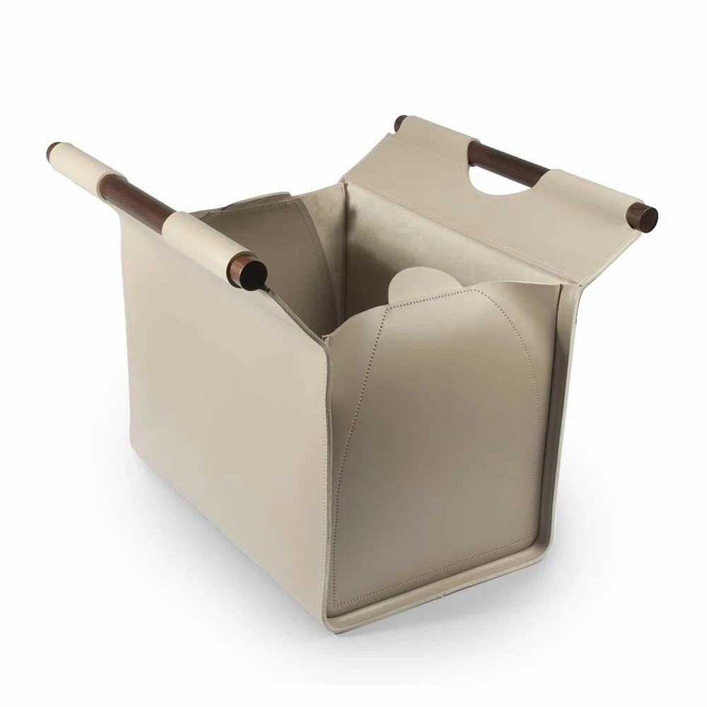 Firewood basket with rosewood handle, leather, taupe