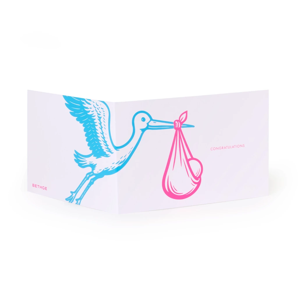 Greeting card stork good news  neon blue