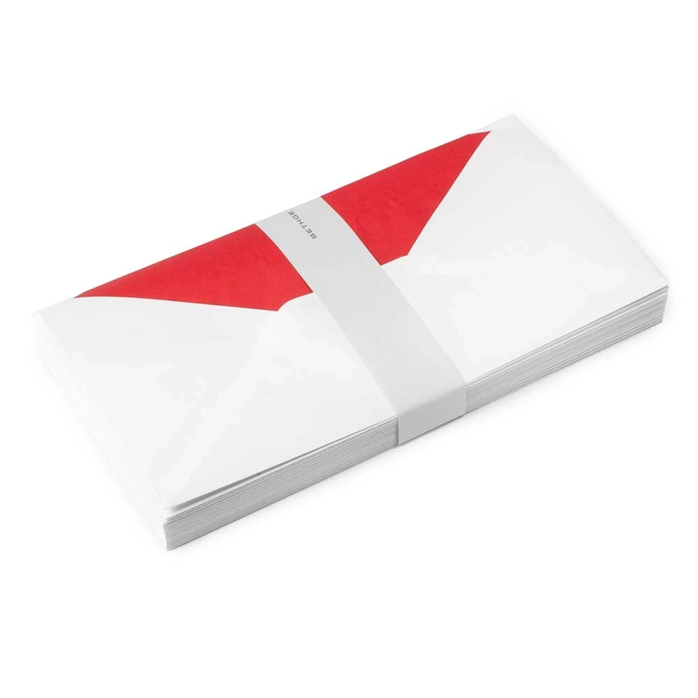 25 long DIN envelopes, Smooth White, red silk lining
