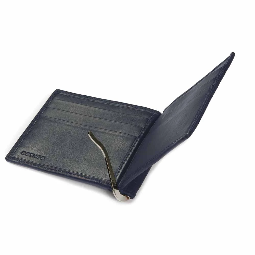 Card Wallet, Money Clip, 6 cc, alligator leather, dark blue
