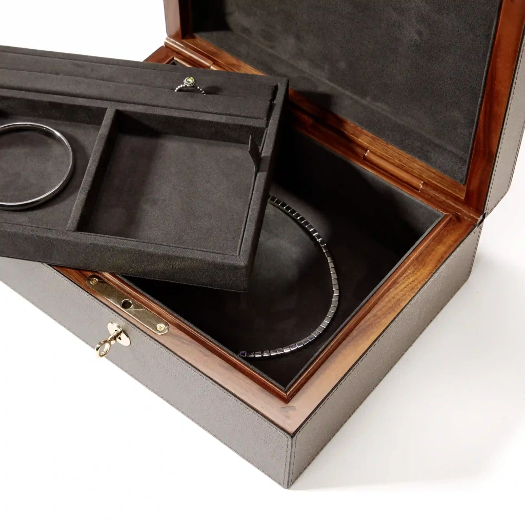 Jewellery Box, walnut/leather, titanium