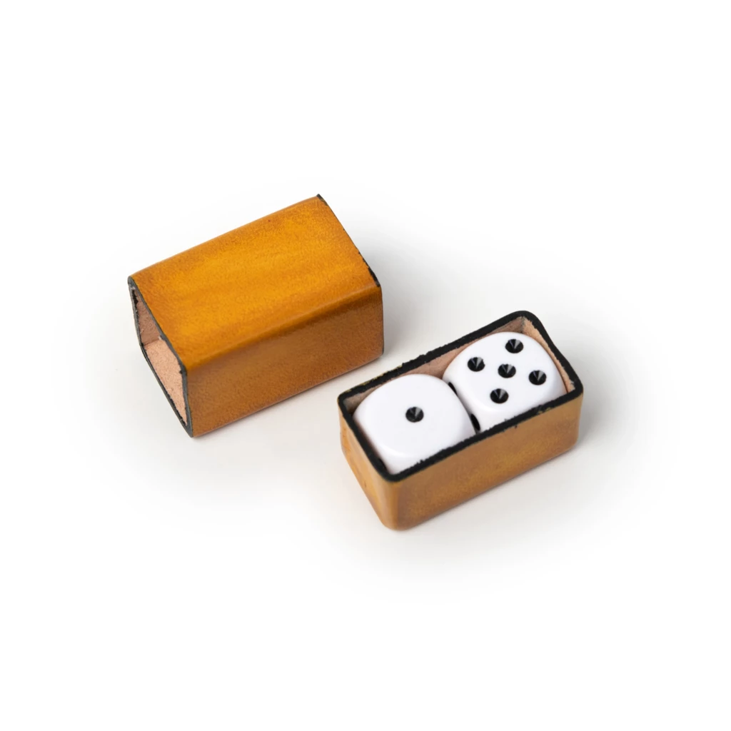 Dice Game with 2 Dice in Leather Box, yellow