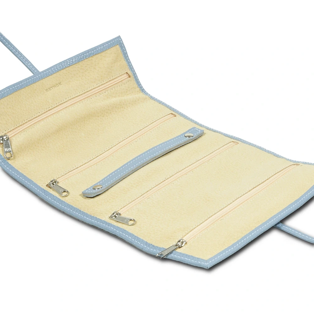 Jewellery Roll with Tie Closure, calf leather, light blue