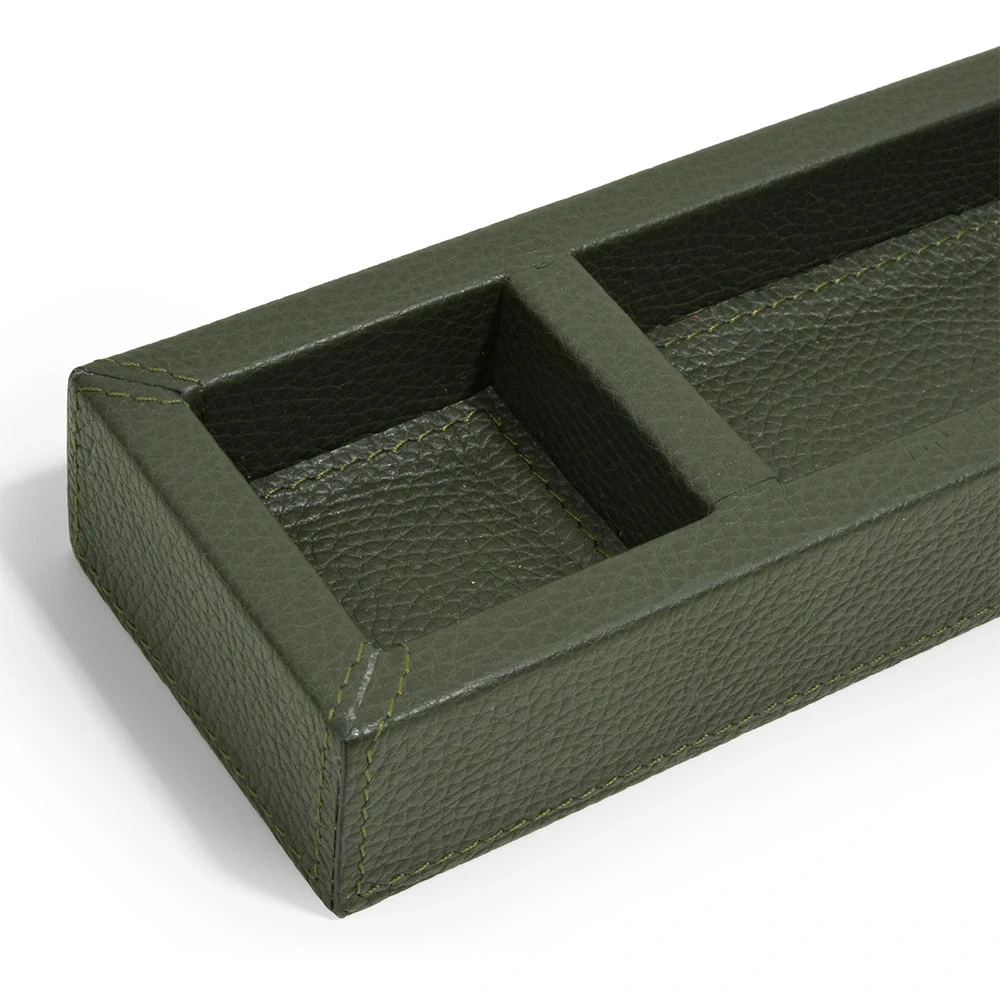 Pen Tray, 3 Compartments, buckskin faux leather, dark green