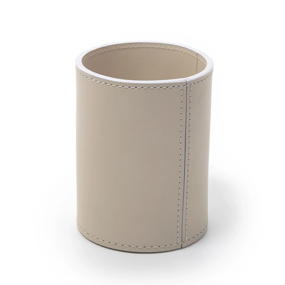 Round pen holder, leather, H 11 cm, D 8.5 cm, light grey