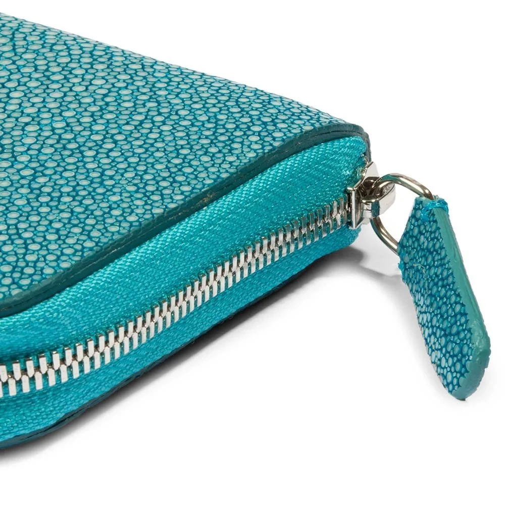 Wallet with Zip, stingray leather, large, turquoise